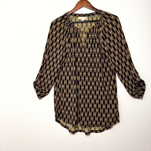 Michael Kors logo monogram black gold stretch tunic blouse top size L - Picture 2 of 10